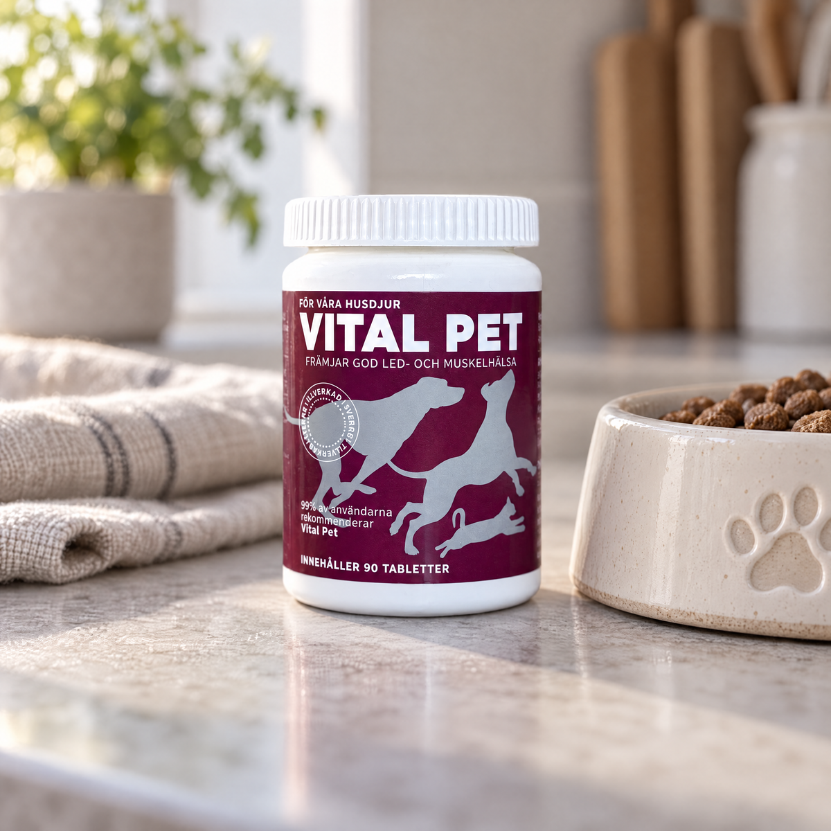 Vital Pet 180 tabletter bredvid hundens matskål på en köksbänk